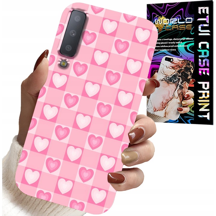 Carcasa telefon Samsung A7 2018, World Case, imprimeu inimioare, roz, silicon