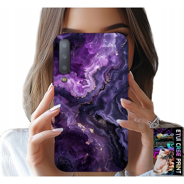 Telefontok Samsung A7 2018-hoz, World Case, márványos lila, szilikon, üveggel együtt
