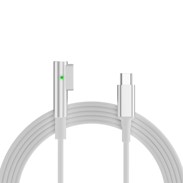 Töltőkábel, Premium Magsafe 1, AHA PRINT, Apple Macbook Air / Pro, 100W Maxim kompatibilis, USB C-Magsafe 1 x 90°-os fej, LED kijelző fény, mágneses, MacBook Pro (2006-2012) / MacBook Air (2008-2012), tartós TPE, 1.8 m, fehér