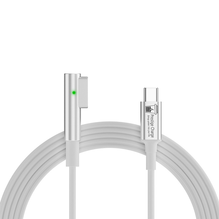 Prémium Magsafe 1 töltőkábel, PRESTIGE CHARGE®, Apple Macbook Air / Pro készülékhez, 100W maximális teljesítmény, USB C-Magsafe 1 90°-os csatlakozóval, LED kijelzővel, mágneses, MacBook Pro (2006-2012) / MacBook Air (2008-2012), tartós TPE, 1.8 m, fehér
