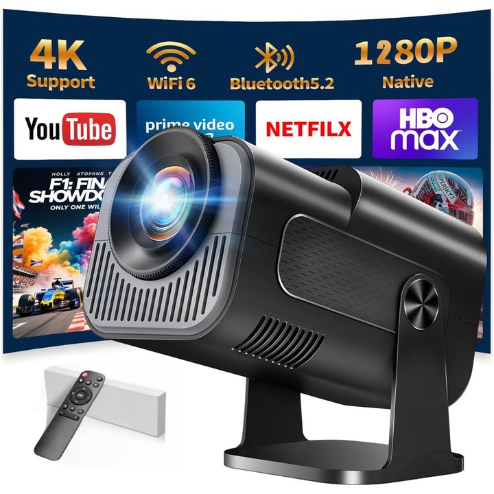 Videoproiector portabil, 10000 lumeni, 300ANSI, Android 11, Wi-Fi 6, BT 5.2, Full HD 1280x720, suport 4K, conexiune HDMI, USB si Mirroring Android/IOS, 180° Rotitor, cu telecomanda, Negru