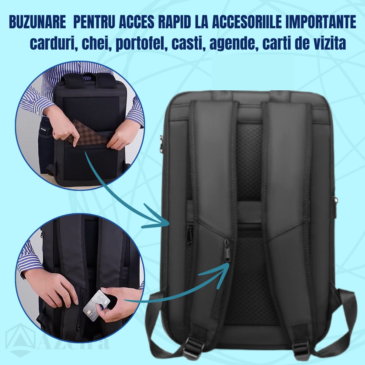 Rucsac Smart Extensibil pentru Laptop 3D AZeira®, Business, Gaming, 16 inch, Capacitate 20-35L, Antifurt, Cifru de Securitate, Conectivitate Multifunctional, Ergonomic, Organizare optima, Buzunare, Protectie ptr Laptopuri, 45x31x10/16 cm, Negru