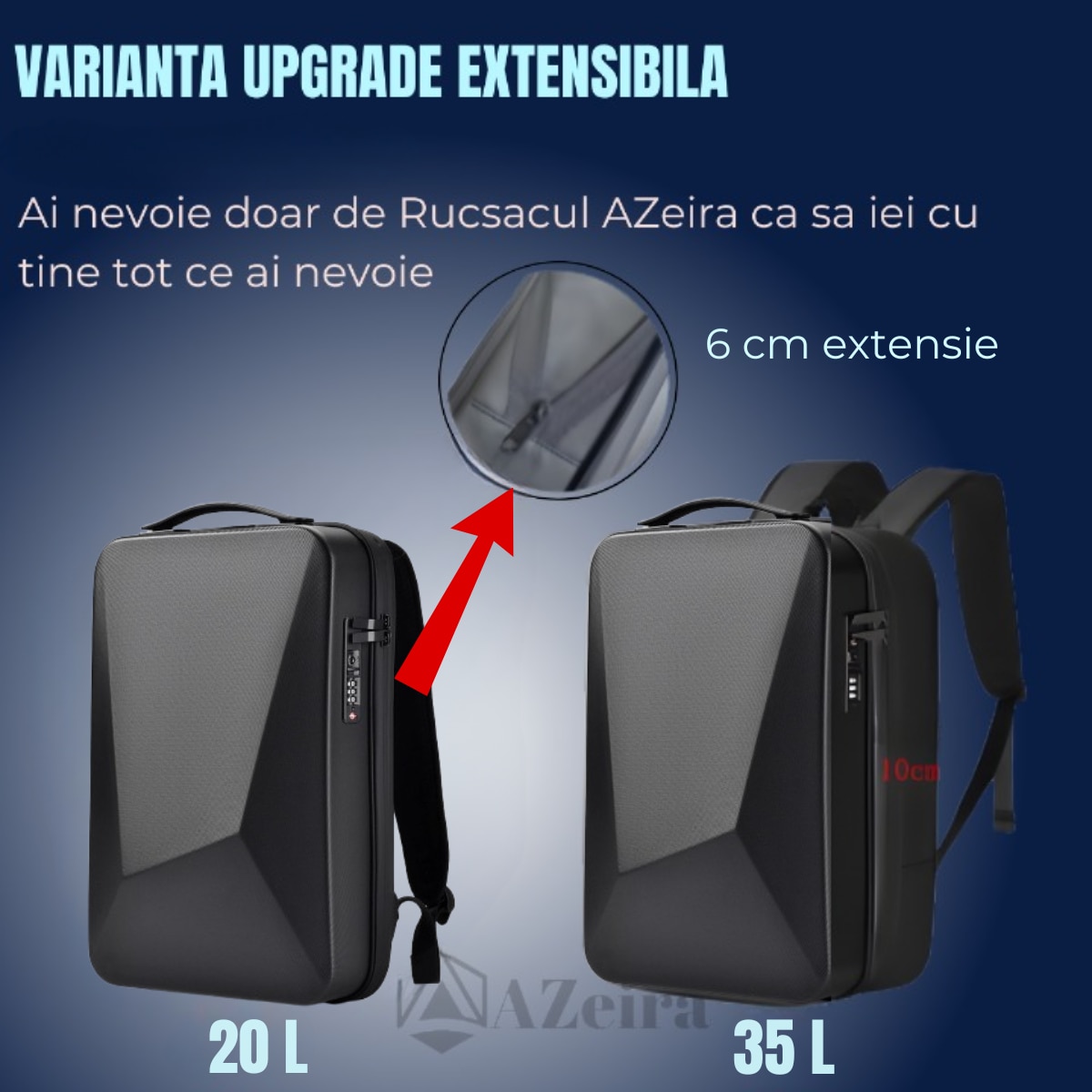 Rucsac Smart Extensibil pentru Laptop 3D AZeira®, Business, Gaming, 16 inch, Capacitate 20-35L, Antifurt, Cifru de Securitate, Conectivitate Multifunctional, Ergonomic, Organizare optima, Buzunare, Protectie ptr Laptopuri, 45x31x10/16 cm, Negru