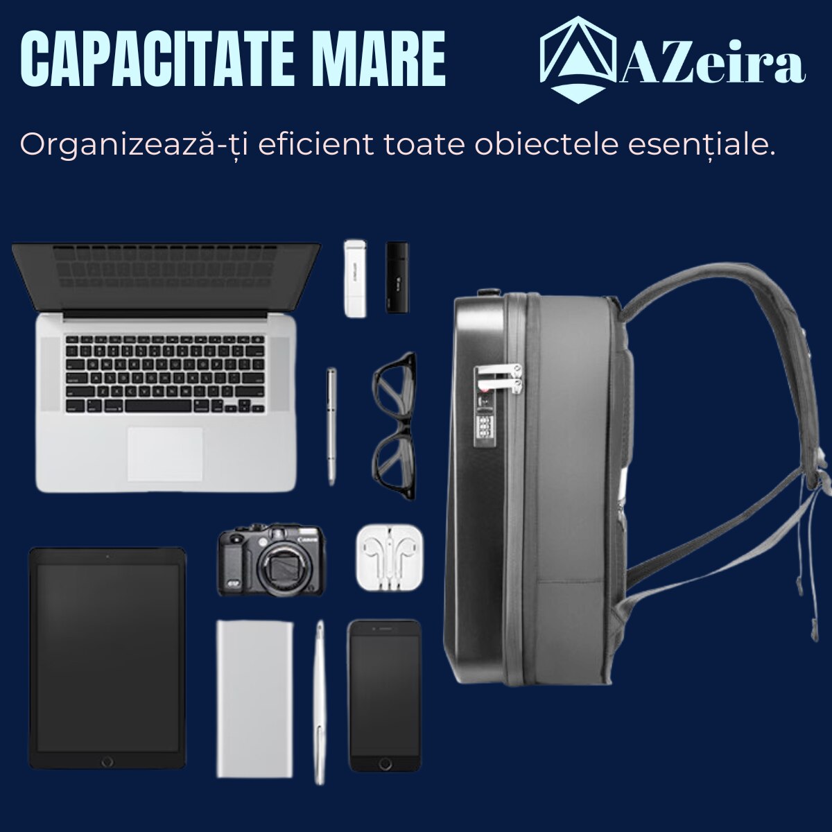 Rucsac Smart Extensibil pentru Laptop 3D AZeira®, Business, Gaming, 16 inch, Capacitate 20-35L, Antifurt, Cifru de Securitate, Conectivitate Multifunctional, Ergonomic, Organizare optima, Buzunare, Protectie ptr Laptopuri, 45x31x10/16 cm, Negru