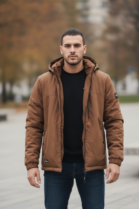Vízálló férfi kabát, levehető kapucnival, zsebekkel, cipzárral, barna 8408-3 11684, Barna