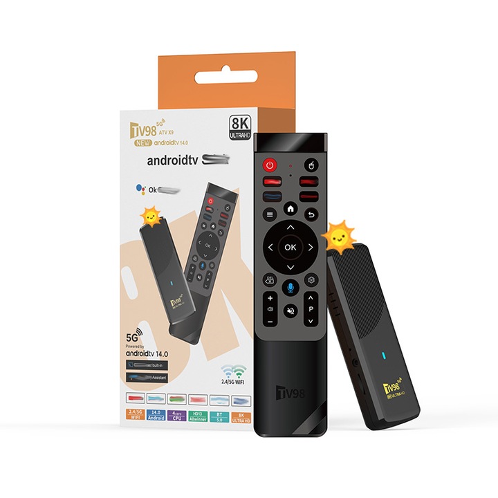 Mediaplayer TV Stick 8K, hangvezérlés, 2.4G/5G kétsávos Wi-Fi, Android 14.0, 2GB RAM, 16GB ROM, fekete