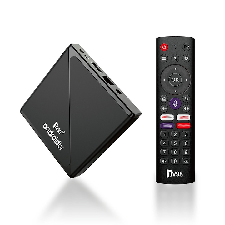 Mini Smart TV Box, TV98 ATV PRO, 8K HD, Wi-Fi dual-band 5G, Android 14, TV Box cu control vocal Bluetooth, 2 GB RAM + 16 GB spatiu de stocare, port HDMI, suporta antena/YouTube/Netflix, functie de oglindire a ecranului, telecomanda cu infrarosu, Negru