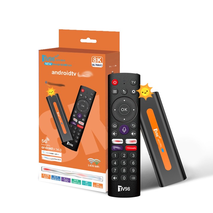 Mediaplayer TV Stick 8K, Hangvezérlés, 2.4G/5G Kétsávos Wi-Fi, Android 14.0, 2GB RAM, 16GB ROM, Fekete