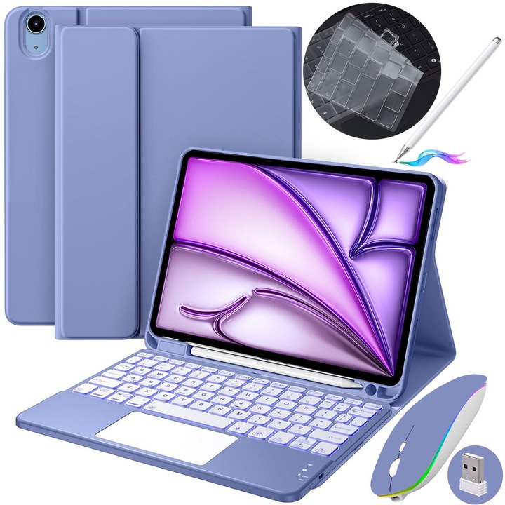 Калъф за клавиатура, Съвместим с iPad Apple, JODAKOR®. iPad Air 11 инча (M2, 2024/M3 2025) и Air 4/Air 5 Gen., безжична клавиатура със 7 цвята подсветка, разглобяема Bluetooth клавиатура, включва мишка, USB-C, защитен калъф, лилав