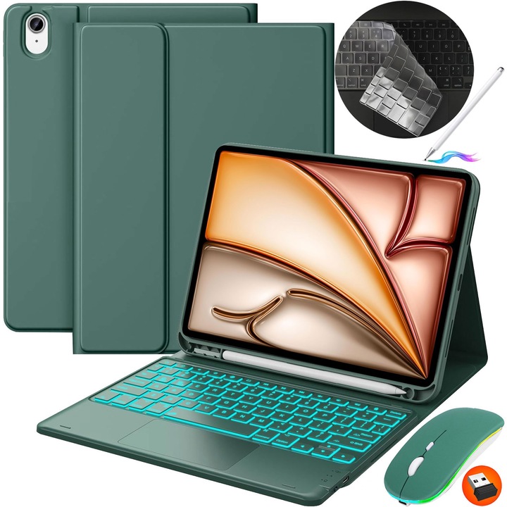 Husa cu tastatura pentru iPad Apple, JODAKOR®. iPad Air 11 inch (M2, 2024/M3 2025) si Air 4/Air 5 Gen., tastatura wireless iluminata in 7 culori, Tastatura Bluetooth Detasabila, Include Mouse, USB-C, Carcasa protectie, verde
