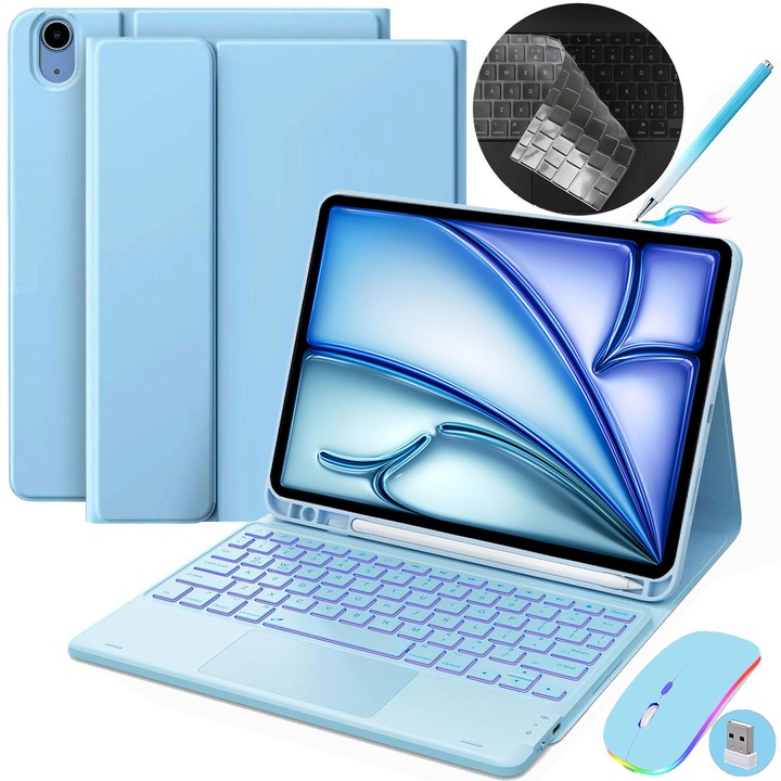 Husa cu tastatura pentru iPad Apple, JODAKOR®. iPad Air 11 inch (M2, 2024/M3 2025) si Air 4/Air 5 Gen., tastatura wireless iluminata in 7 culori, Tastatura Bluetooth Detasabila, Include Mouse, USB-C, Carcasa protectie, Albastru deschis