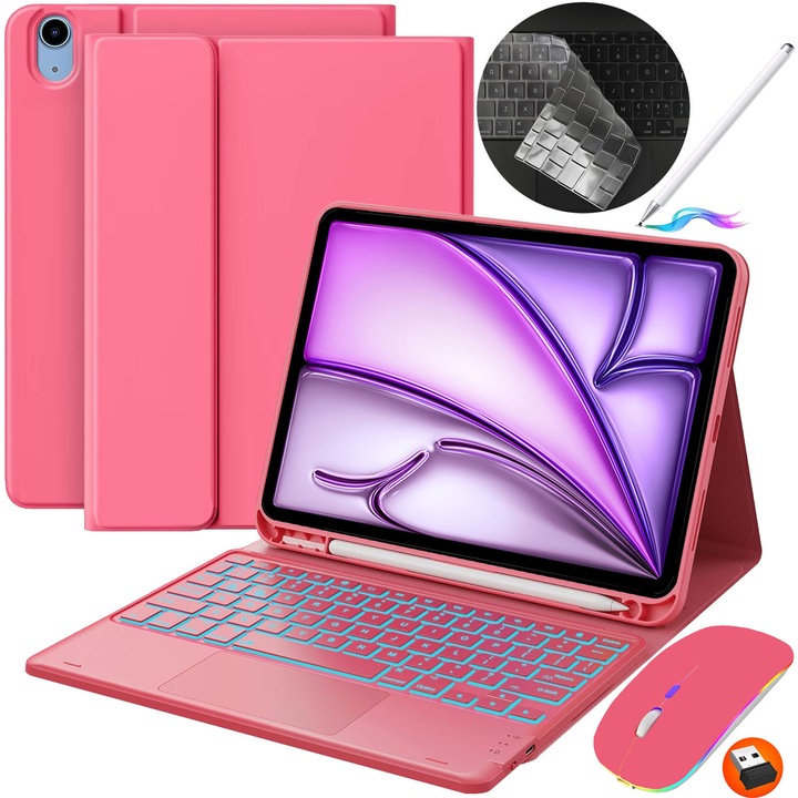 Husa cu tastatura pentru iPad Apple, JODAKOR®. iPad Air 11 inch (M2, 2024/M3 2025) si Air 4/Air 5 Gen., tastatura wireless iluminata in 7 culori, Tastatura Bluetooth Detasabila, Include Mouse, USB-C, Carcasa protectie, Rose Rosu