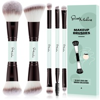 Set de 5 pensule de machiaj, fond de ten cu capete dublu, pudra, fard de obraz, corector, fard de pleoape, set de pensule pentru lichide, crema,, machiaj profesional/ incepatori, albastru