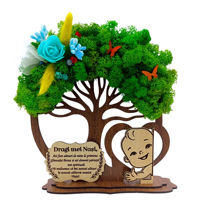 Copac decorativ din lemn cu licheni pentru Nasi – Cadou personalizat de 20 cm