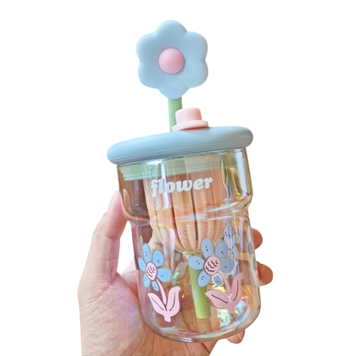 Cana cu pai din sticla Mixbo, model cu flori, albastru, 500 ml