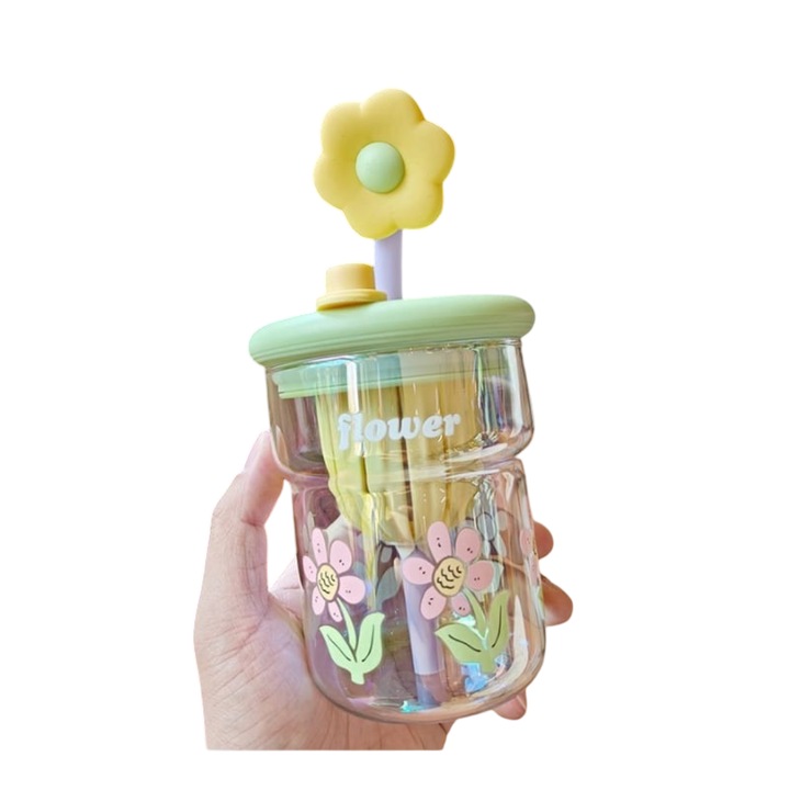 Cana cu pai din sticla Mixbo, model cu flori, verde, 500 ml