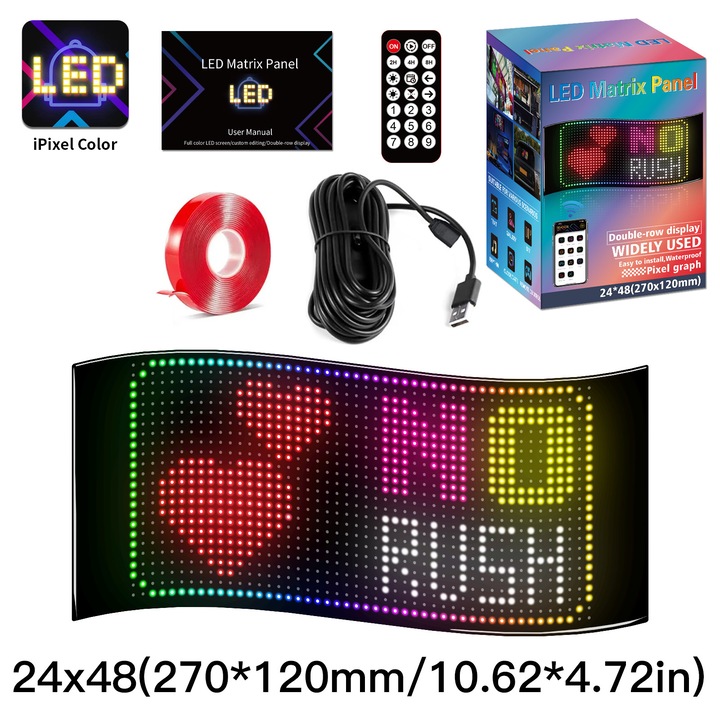 Panou LED Flexibil Programabil pentru Camioane/Masini (Dimensiune Mare) - Control prin App Bluetooth, Matrice Pixel, Semnal LED cu Conectare USB (24x48LED(270X120mm)