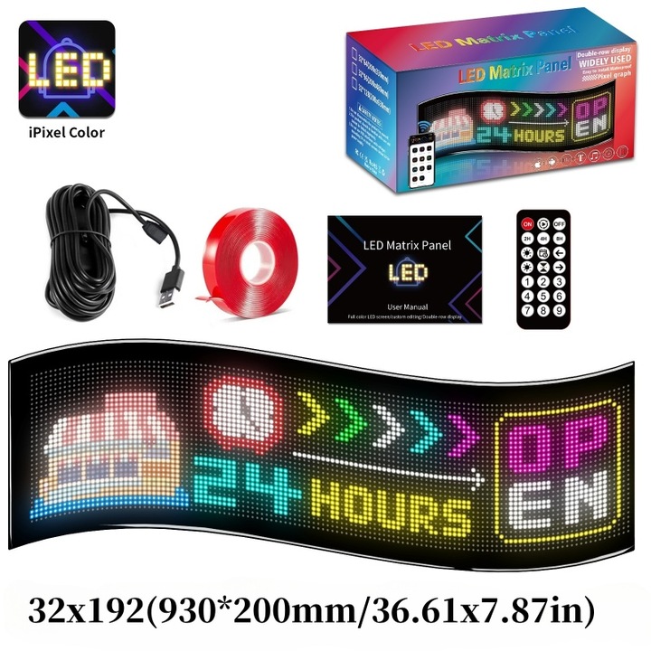 Panou LED Flexibil Programabil pentru Camioane/Masini (Dimensiune Mare) - Control prin App Bluetooth, Matrice Pixel, Semnal LED cu Conectare USB (32x192(930x200mm)