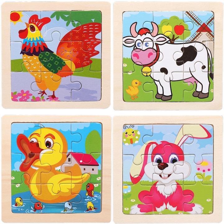 Fajáték puzzle gyerekeknek, 4 darab, 9 részes, állatos, többszínű, 11x11cm