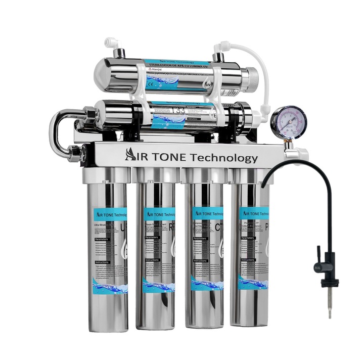 Filtru de apa Air Tone Technology, Inox, 6 stagii de filtrare cu Lampa UV antibacteriana (Sterilizator UV-6W), 0.01 microni, Sistem profesional de filtrare al apei, robinet negru si accesorii incluse