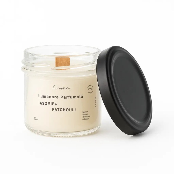 Illatosított szójaviasz gyertya, jázmin és pacsuli, fa kanóc, 90 g, üvegedény – Lunera