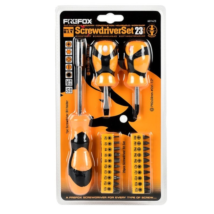 Set Surubelnite Si Biti FREFOX R32137, 23 Piese, Otel Crom Vanadiu Rezistent, Varfuri Magnetice, Maner Ergonomic Antialunecare, Diverse Dimensiuni 38mm 100mm 200mm, Pentru Reparatii, Constructii Si Bricolaj, SP-259