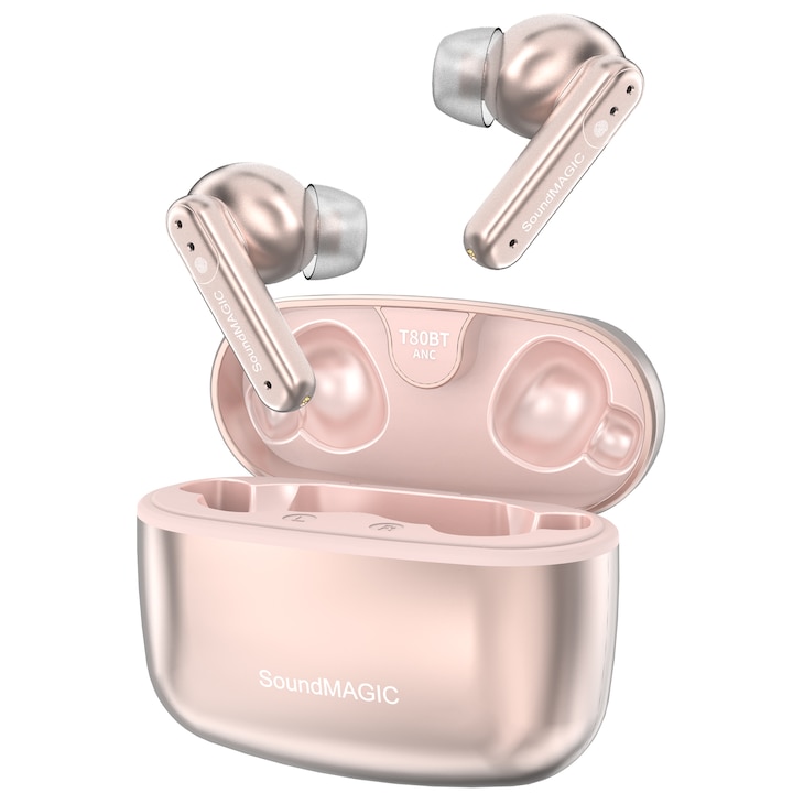 Casti SoundMAGIC T80BT ANC True Wireless cu audio Hi-Res, Hibrid Active Noise Cancelling, claritate apel ENC, 20H Playtime, IPX5 Waterproof, Ultra-Comfy Fit pentru sport/munca/gaming, roz
