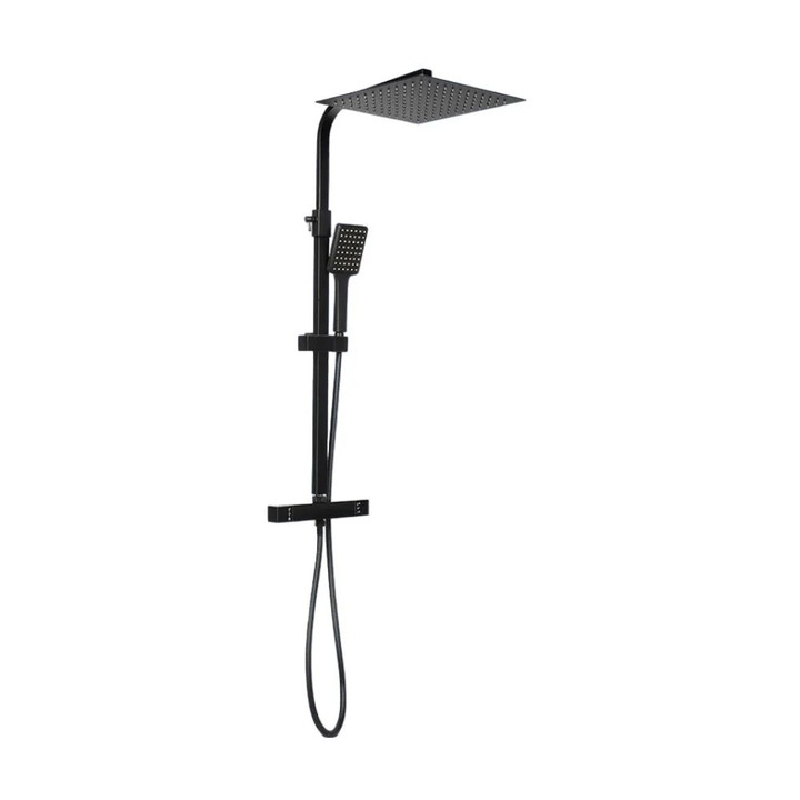 Set de dus, baterie termostatica de 30 cm, cap dublu, patrat, negru