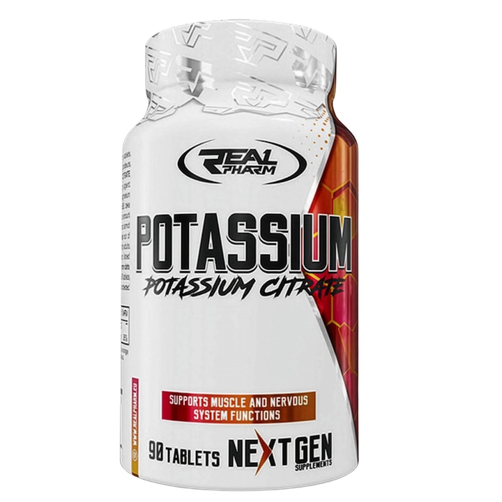Potasiu Real Pharm, 90 Tablete – Citrat de Potasiu pentru Echilibru Electrolitic, Sustinerea Muschilor si a Sistemului Nervos, Anti-Crampe, Energie si Performanta Sportiva
