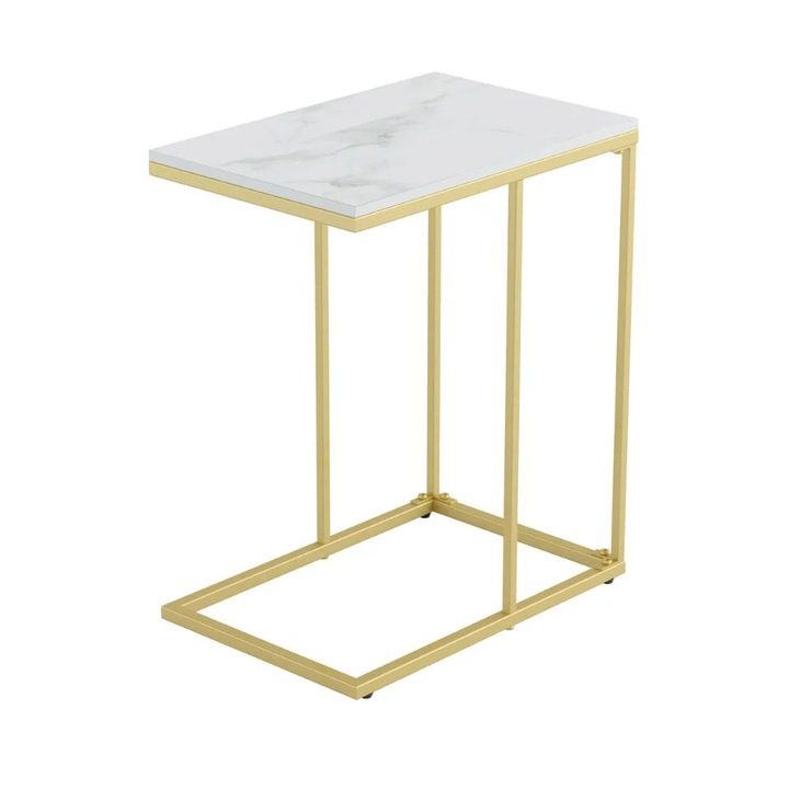 Masuta de gustari in forma de C din piatra sinterizata, masuta laterala dreptunghiulara, glisanta sub canapea pentru canapea, cafea, laptop, living, dormitor, auriu