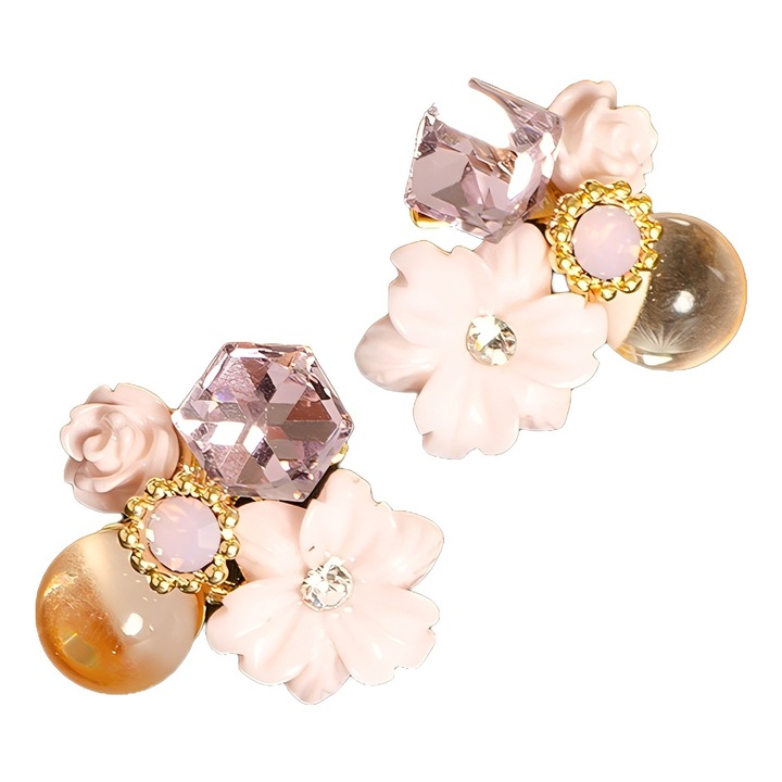 Cercei dama, floare de cires, mov (flori roz si diamante roz)