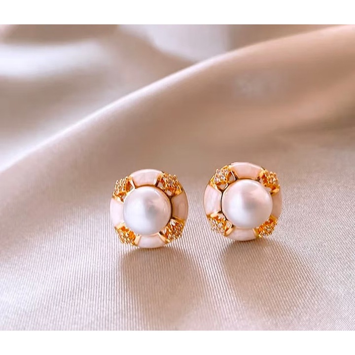 Cercei dama cu perle, placati cu aur de 14K, auriu/alb