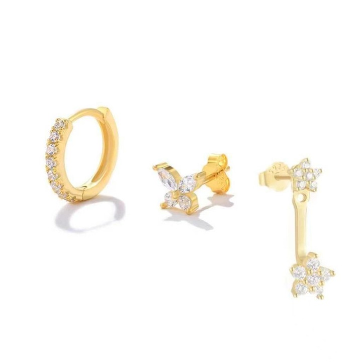 Set cercei dama, argint, placat cu aur de 14K, 3 perechi, (auriu)