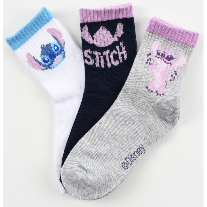 Sport zoknik lányoknak, Disney Stitch, tenisz stílusú, 3 pár, méret 23/26
