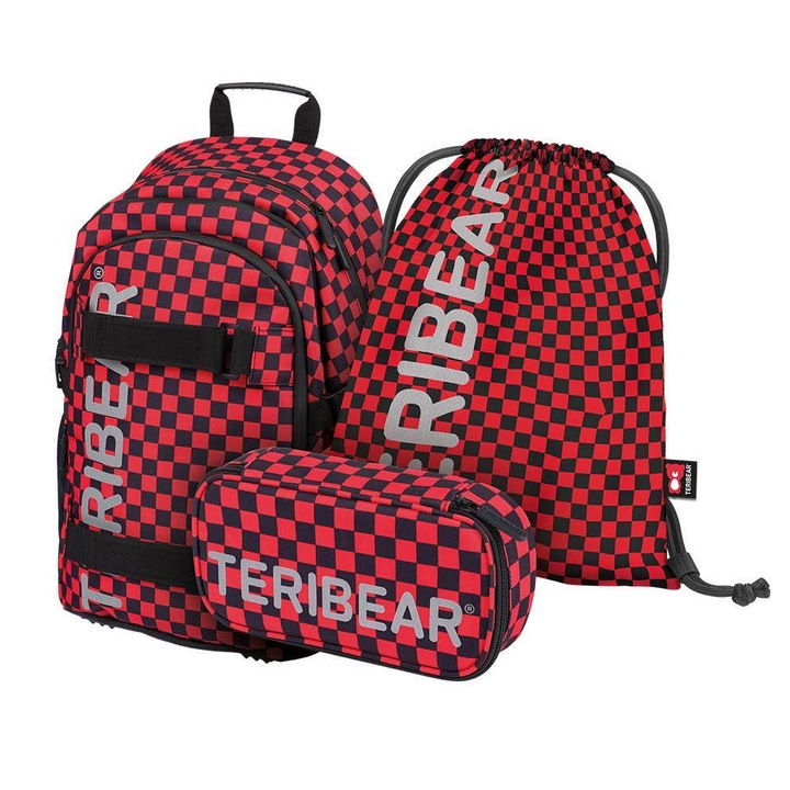 Set Ghiozdan Baagl Scoala Teribear, 3 compartimente, rezistent la apa, multicolor, 29x43x20cm