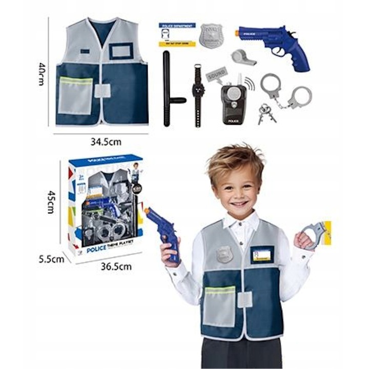 Set costum politist pentru copii, LUXMA, vesta, accesorii, multicolor