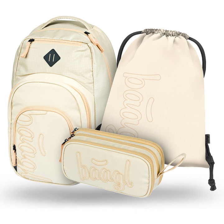 Set școlar Baagl Coolmate Bej, rucsac ergonomic 34x50x22cm, capacitate 35L, trusă de creioane inclusă