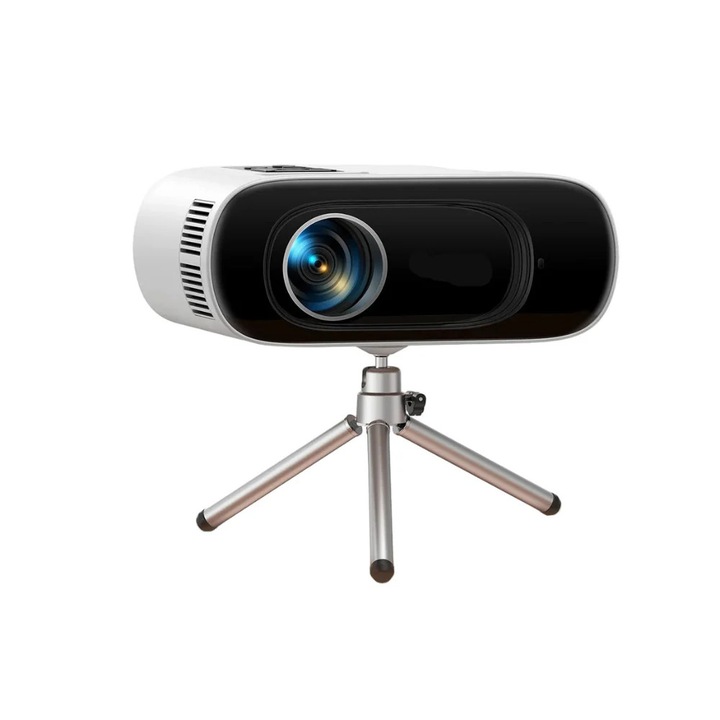 Mini hordozható projektor, Full HD 1080P támogatás, 16000 lumen, automatikus trapézkorrekció, fehér, 17.5x12.5x6.9cm