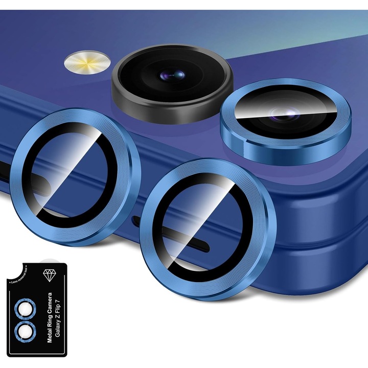 Протектор за обектив на камерата за Samsung Galaxy Z Flip 7, закалено стъкло/метал, 3 броя, ултратънък дизайн, син