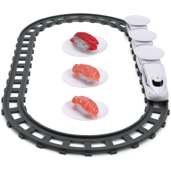 Set trenulet Macvi® pe cale ferata cu farfurii pentru servire Sushi, locomotiva electrica, 3 vagoane, 6 tavite si 12 sine, 197 cm