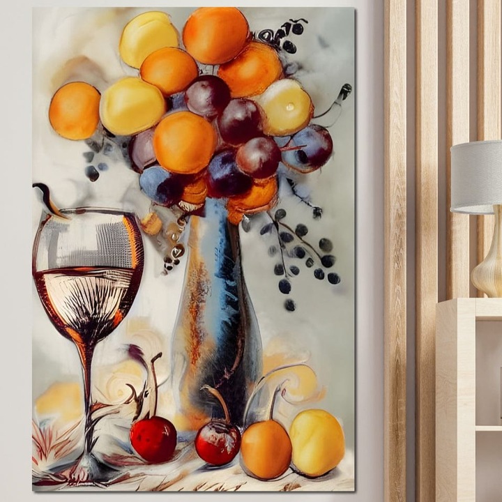 Картина на платно LuxCanva® N1091, Богата Реколта, 70 X 100 CM, 100% Памучно платно 400гр/м2, Дървена рамка, Чаша, Вино, Плодове, Абстрактно изкуство, Естествено, Есен, Сезон, Свежест, Пъб, Бар, Салон, Ресторант, Кухня