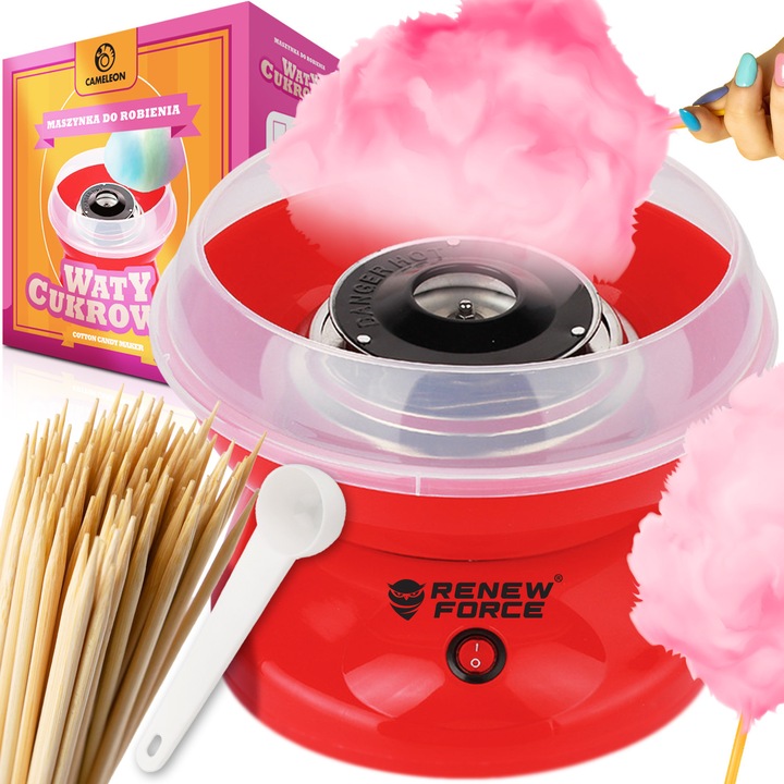 Masina de facut vata de zahar, design compact, diametru 26 cm, RENEW FORCE®, ventuze stabile din silicon, usor de transportat, previne supraincalzirea, un singur buton, usor de curatat si intretinut, 450 W, rosu, NY-M500-RED