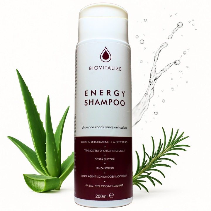 Sampon impotriva caderii parului cu aloe organica si rozmarin – stimuleaza regenerarea si intareste parul, formula delicata, cu aloe vera organica si glicerina, fara SLES/SLS, 200 ml. Made in Italy