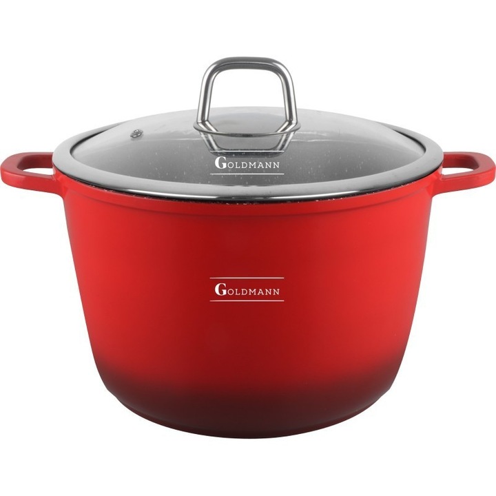 Cratita adanca Goldmann GM-0624R, 24 cm, 6.2 l, Acoperire neaderenta din marmura, Capac cu deschidere, Inductie, Rosu