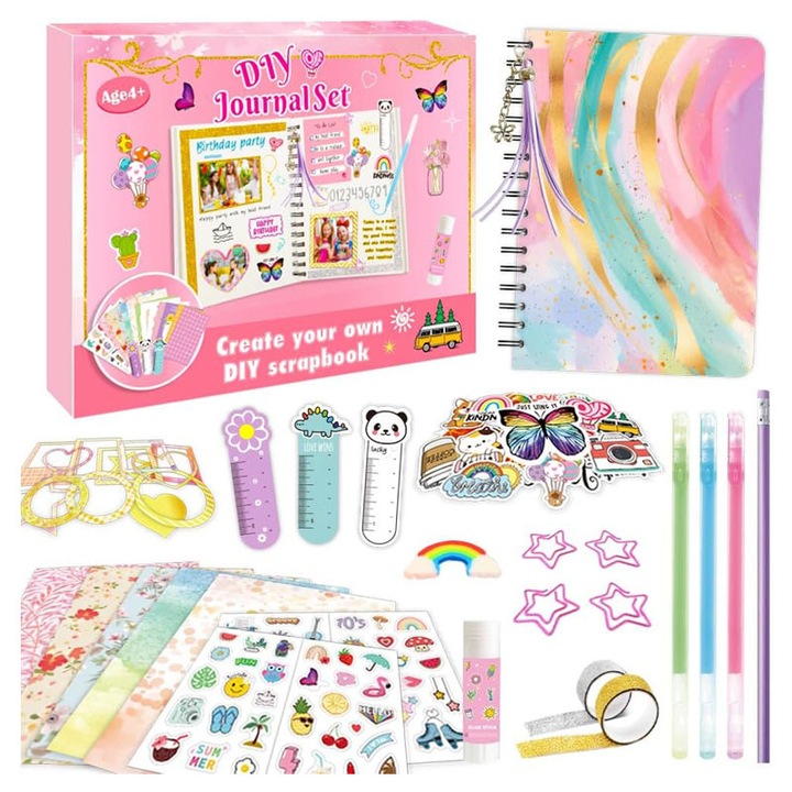 Set DIY Agenda pentru Fete, Rqiurpn, 73 piese, Grila in interiorul paginilor, Cu stilou, autocolante, semne de carte, Rigla pentru jurnal si punga de depozitare, Pentru Varsta 8-14 Ani, Multicolor