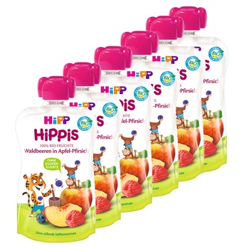 Pachet 6 x Piure Hipp cu mar, piersica si fructe de padure, 100 g, de la 1 an Pachet 6 x Piure Hipp cu mar, piersica si fructe de padure, 100 g, de la 1 an