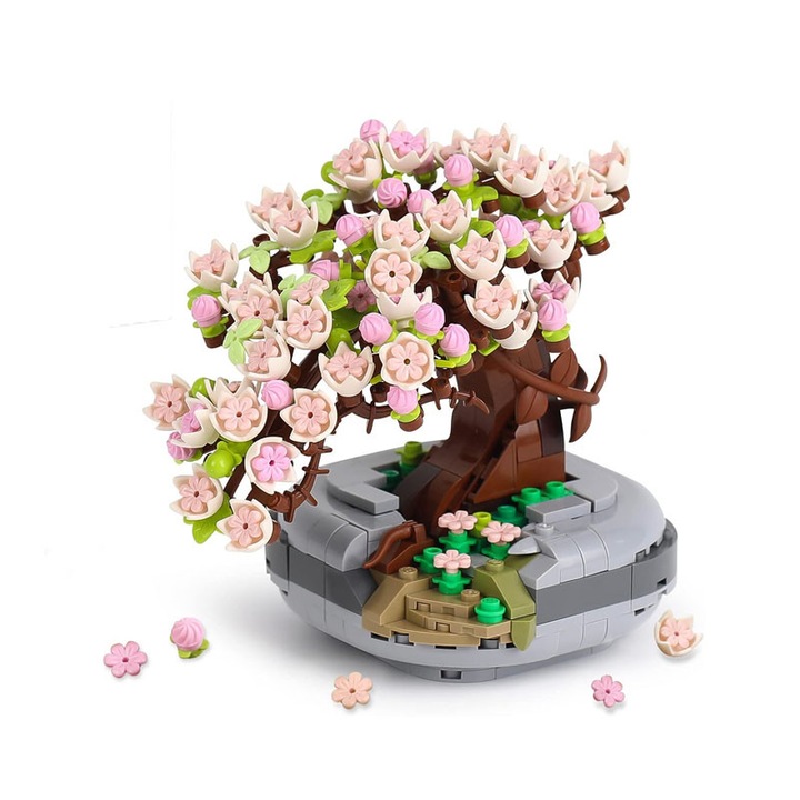Set de blocuri de constructie mini copac Bonsai Sakura, Omelivon, 426 piese, Flori de simulare DIY, Pentru 6-9 ani, Sigur, Plastic, Multicolor