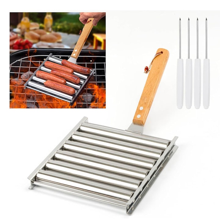 Rola pentru hot dog, Omelivon, Cu maner din lemn, Capacitate 5 hot dog, 4 frigarui incluse, Portabil, Inox, Pentru camping, gatit in aer liber, Argintiu