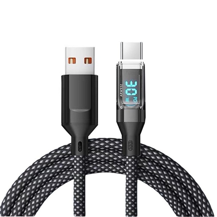 Cablu de Date Type C + USB, Flippy, Incarcare Super Rapida, 120 W, Afisaj Digital LED, 1 m, Negru