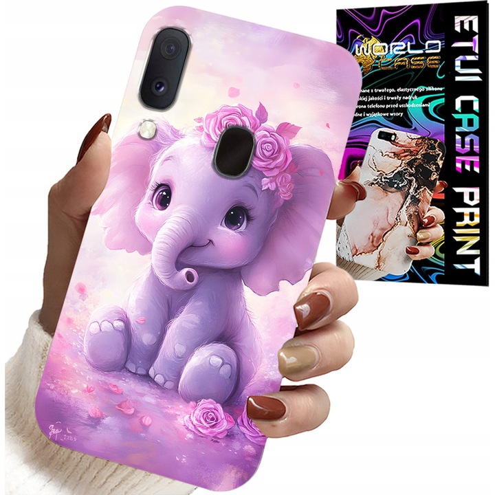 Carcasă pentru telefon Samsung Galaxy A40, World Case, design elefant dulce pe fundal roz, silicon, set cu film protector